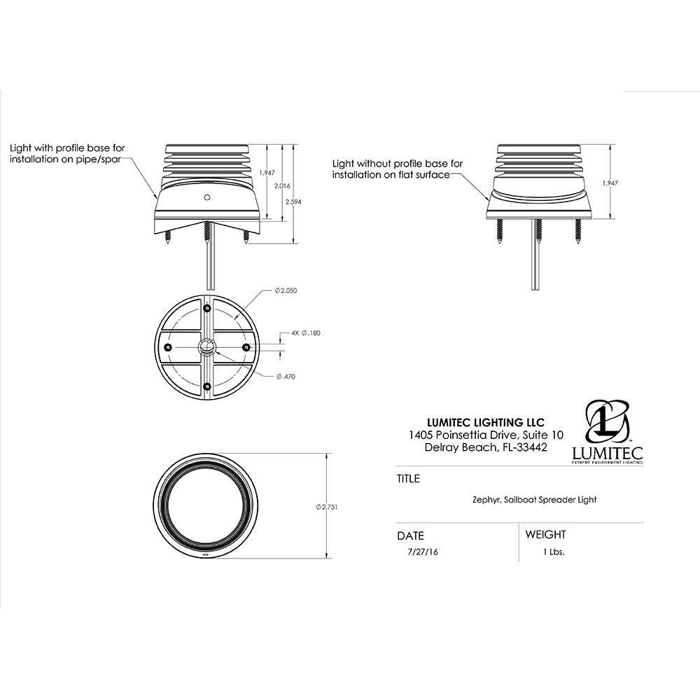 Lumitec Zephyr LED SpreaderDeck Light Brushed Black Base White NonDimming 101326