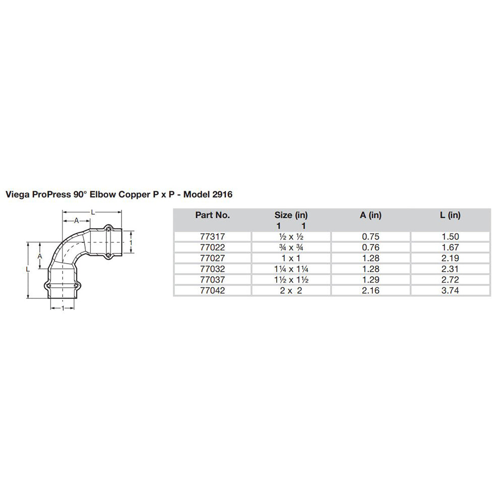 Viega ProPress 1 90 Copper Elbow Double Press Connection Smart Connect Technology 77027