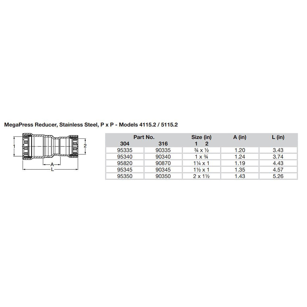 Viega MegaPress 2 x 112 Stainless Steel 304 Reducer Double Press Connection Smart Connect Technology 95350