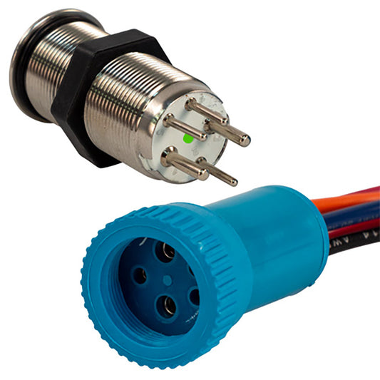 Bluewater 19mm Push Button Switch  OffOn Momentary Contact  BlueRed LED  4 Lead 905721134