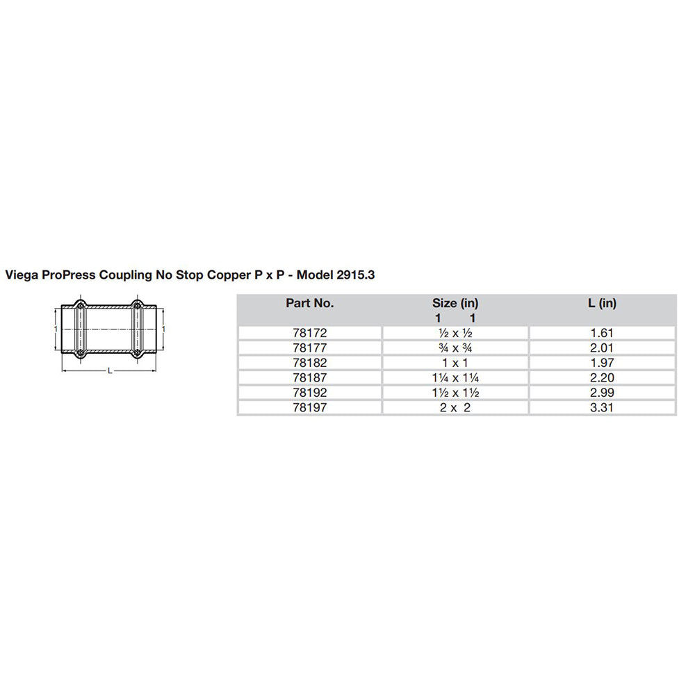Viega ProPress 12 Copper Coupling wo Stop  Double Press Connection  Smart Connect Technology 78172