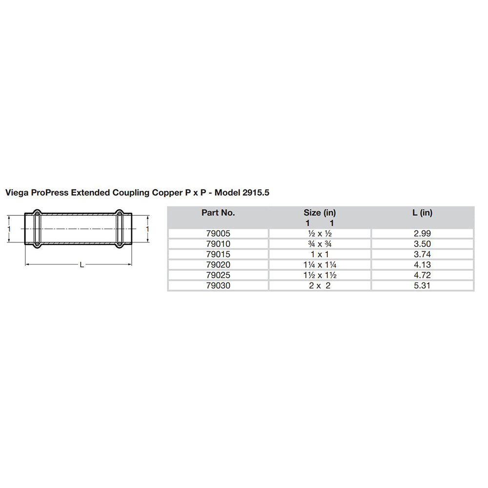 Viega ProPress 34 Extended Coupling wo Stop  Double Press Connection  Smart Connect Technology 79010