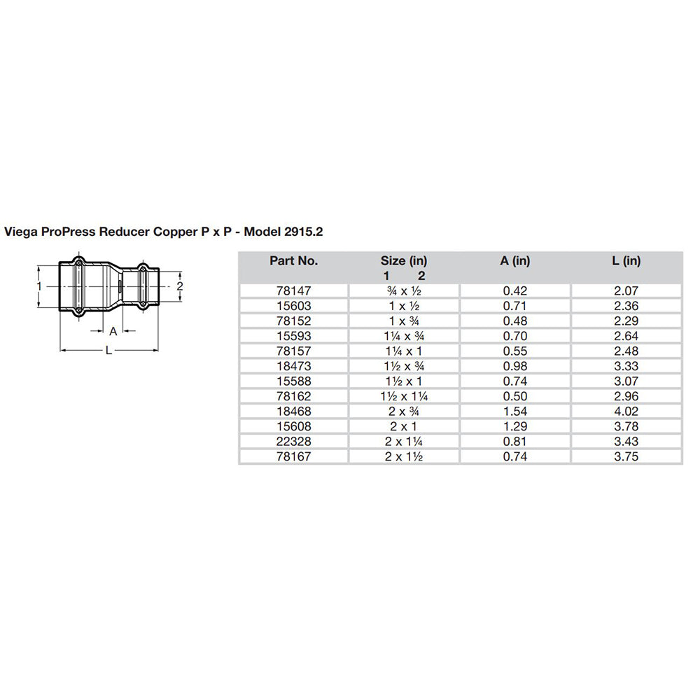 Viega ProPress 1 x 34 Copper Reducer  Double Press Connection  Smart Connect Technology 78152